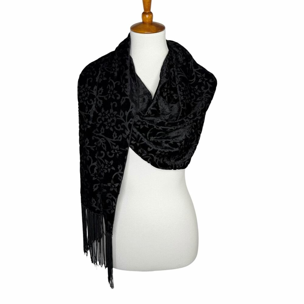 Black Velvet Burnout Scarf Floral Fringe Shawl Wrap Whimsigoth Goth Witchy